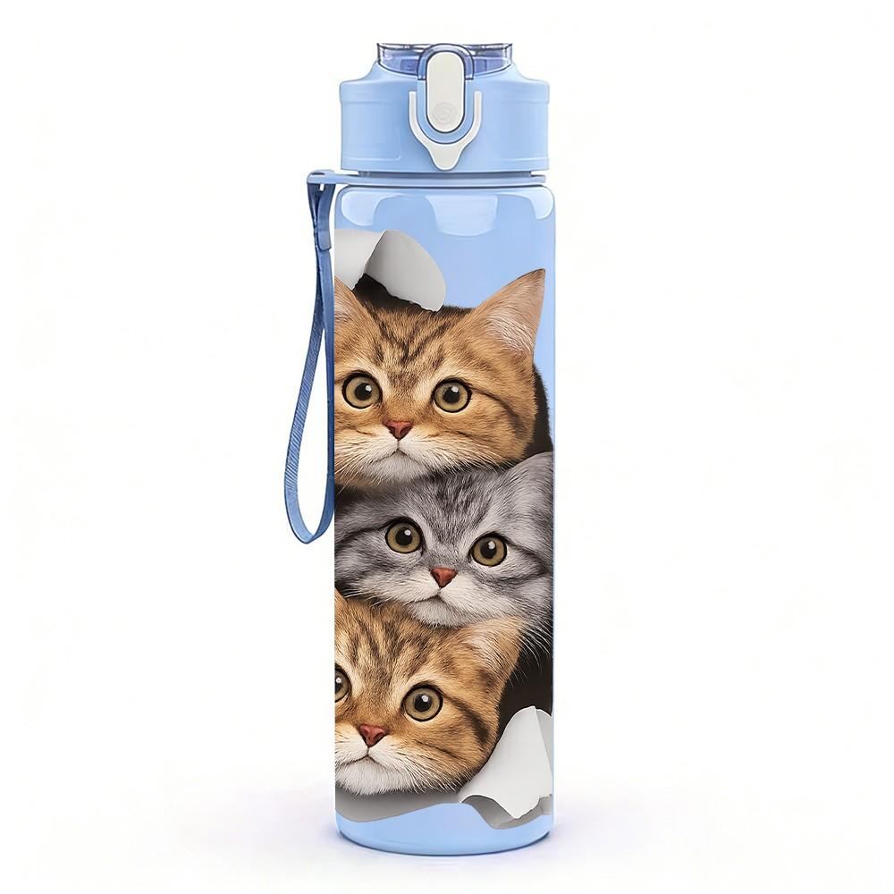 1PC Lazy Sleep Cat Pet Animal Pattern 750ml Color Plastic Sports Water Bottle Leakproof Flip Straw Lid Suitable for Sports Office Home Use
