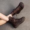 Johnature Botas retrô de cano médio com sola grossa e couro legítimo com cadarço, sapatos femininos