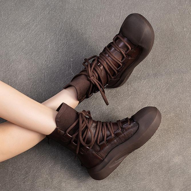 Johnature Botas retrô de cano médio com sola grossa e couro legítimo com cadarço, sapatos femininos