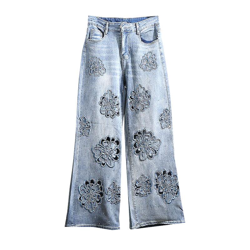 Autumn new high-waisted thin heavy industry embroidery hot diamond wide-leg jeans women s thin light-colored straight-leg pants trendy S синий