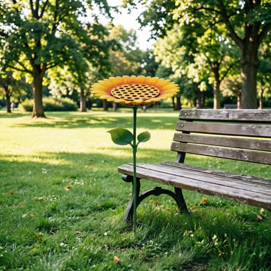 Sunflower Bird Feeder Bath for Outdoor Metal Flower Bee Watering Station with Stake Decorative Butterfly Pollinator Feeder Tray for Yard Lawn Patio