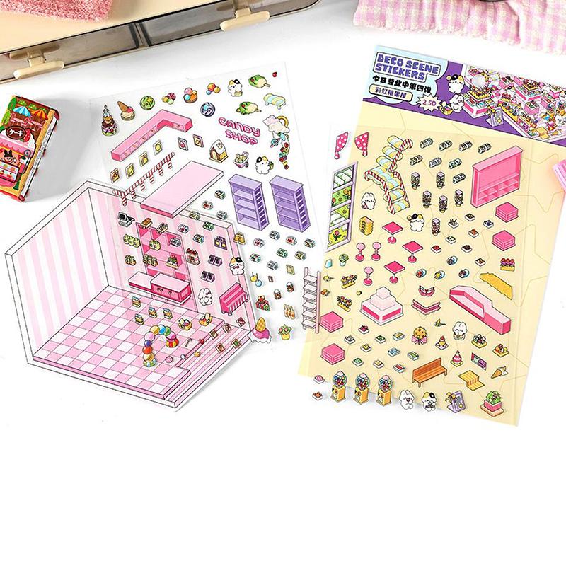 1Set Cartoon 3D Landscape Stickers Pocket Cabin Scene Stacking Pasting Stickers Diy Decoration Stickers Festival Birthday Gifts