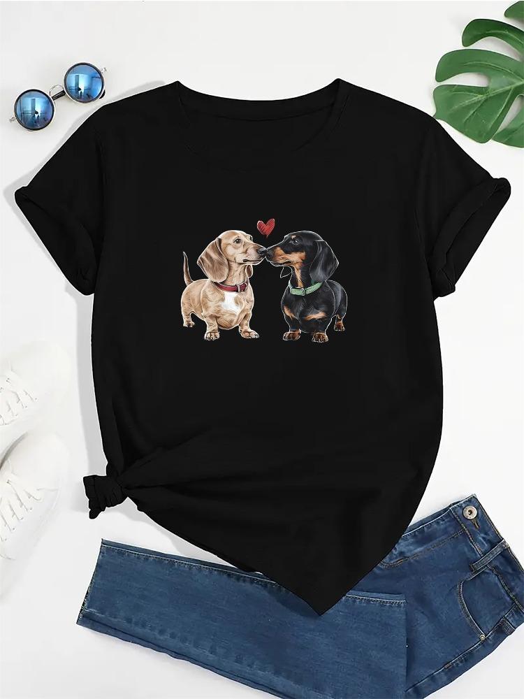 Women's Casual Summer Crew Neck Dachshund Print T-Shirt Y2K Fun Short Sleeve Casual Top Graphic T Shirts Summer Streetwear Y2K