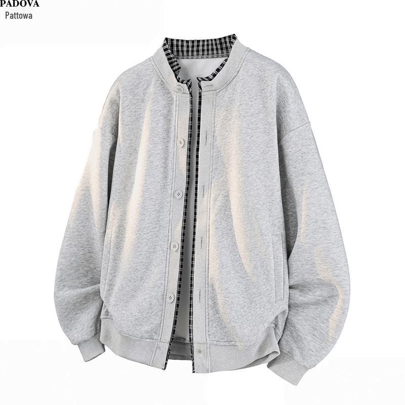 Patova Men s American Casual Plaid Faux Two-Piece Cardigan Jacket 5XL