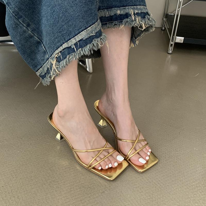 Gold High Heels Summer New Stiletto Rubber Lace-up Cross Strap Temperament High Heels Sandals