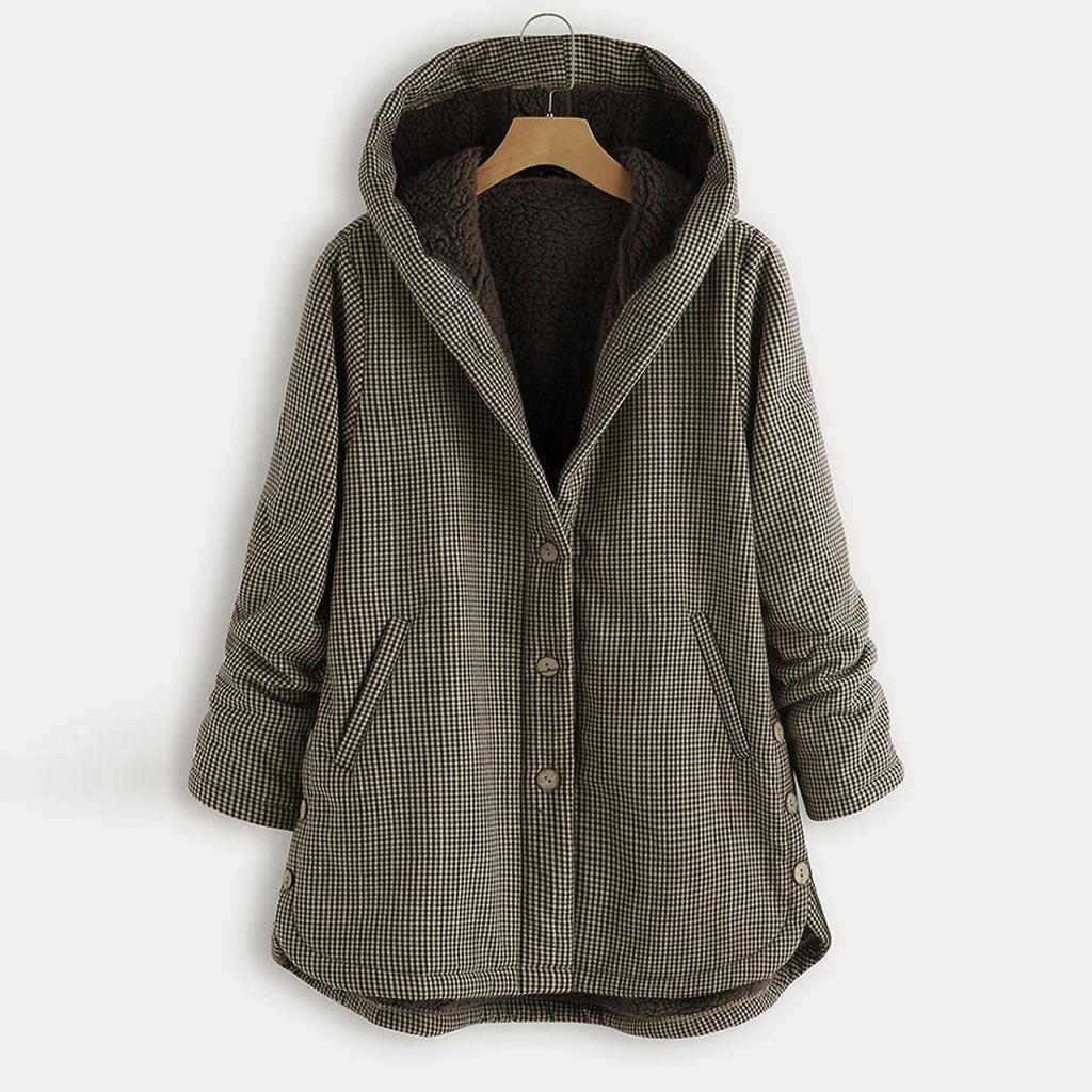 Femei Iarna Imbracaminte calduroasa Imprimare cu zăbrele Buzunare cu glugă Mantouri supradimensionate