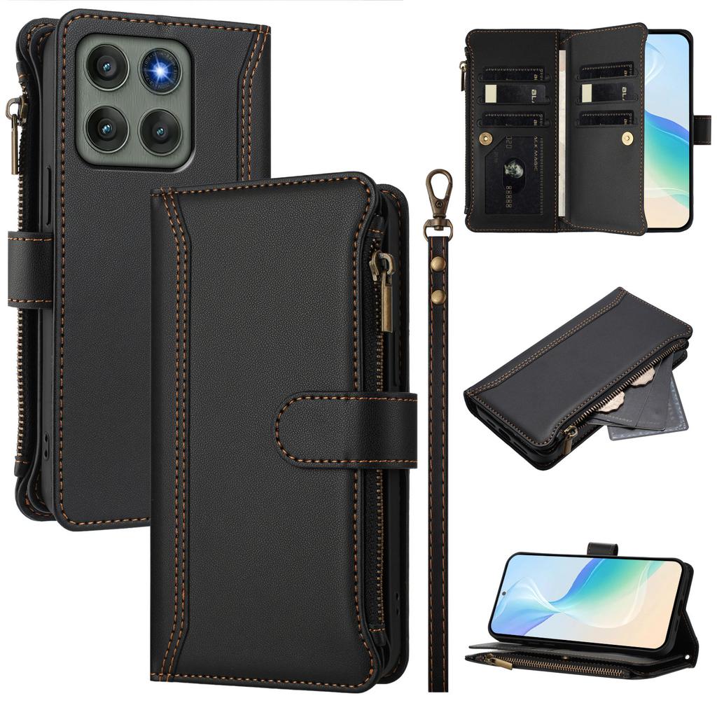For Motorola Edge 60 Pro 5G Leather Case 9 Card Slots Zipper Wallet Stand Phone Cover with Wrist Strap