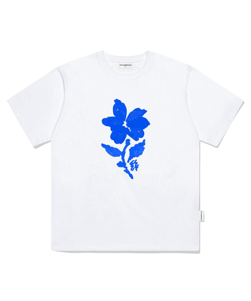 ESCAPEFROM Nostalgia Blue Flower Print Oversized Short Sleeve T-Shirt White