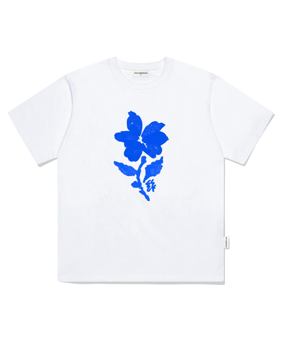 Escape From Nostalgia Blue Flower Print Oversized Short Sleeve T-Shirt White L