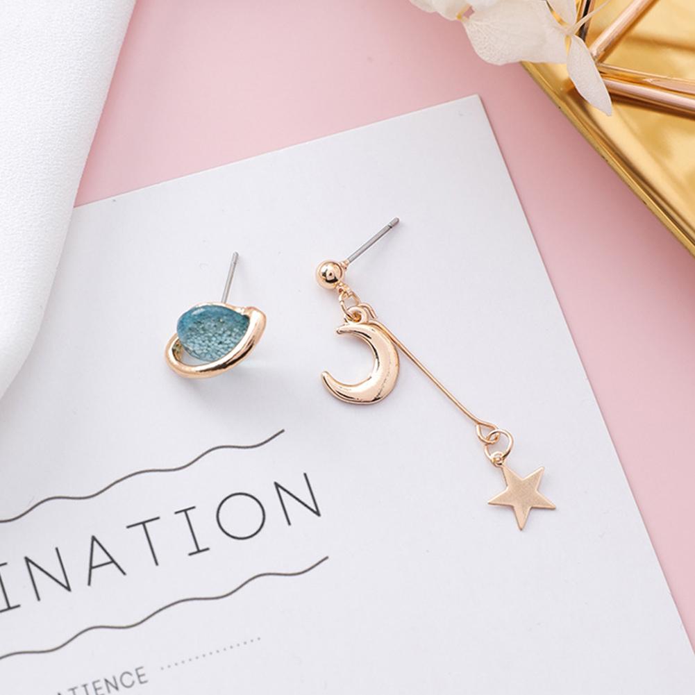 Woman Stylish Elegant Star Moon Shaped Asymmetric Universe Element Earrings