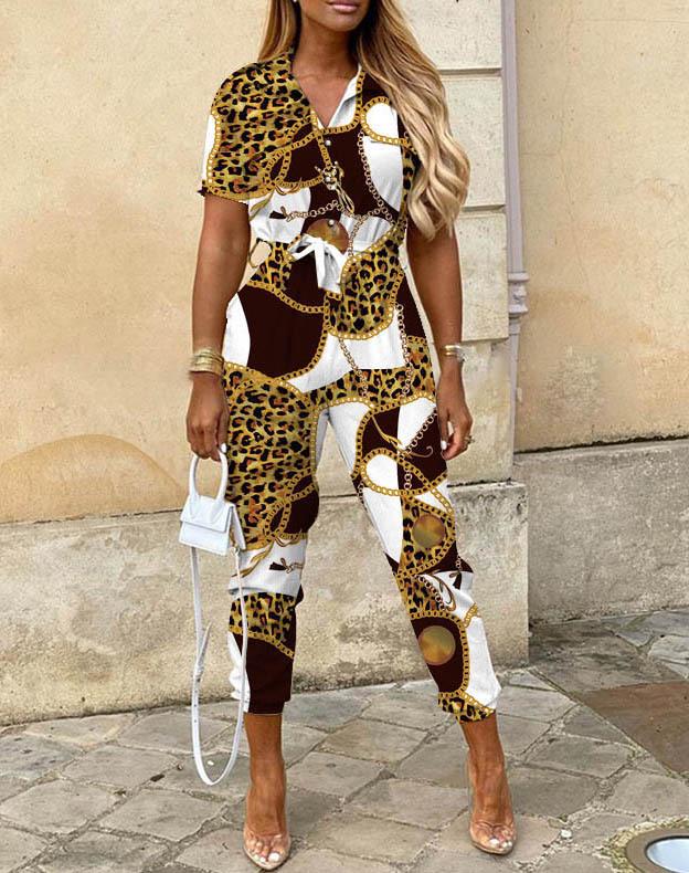 Summer Women's Casual Button-Up Print Waistband Jumpsuit