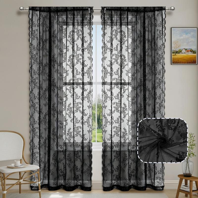 Warp Knit Lace Trimmed Rod Pocket Sheer Curtains Outdoor Ready To Hang Scalloped Valance Romantic Home Decor