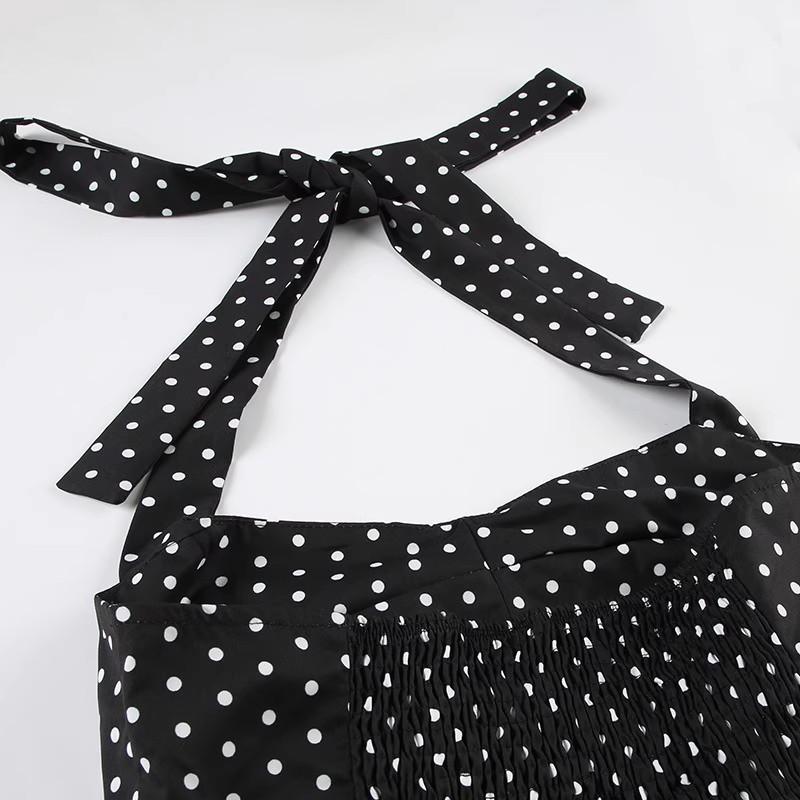 New French Polka Dot Print Sexy Halter Neck Camisole Top for Women Pure and Alluring Princess Style Fitted Waist Tank Top