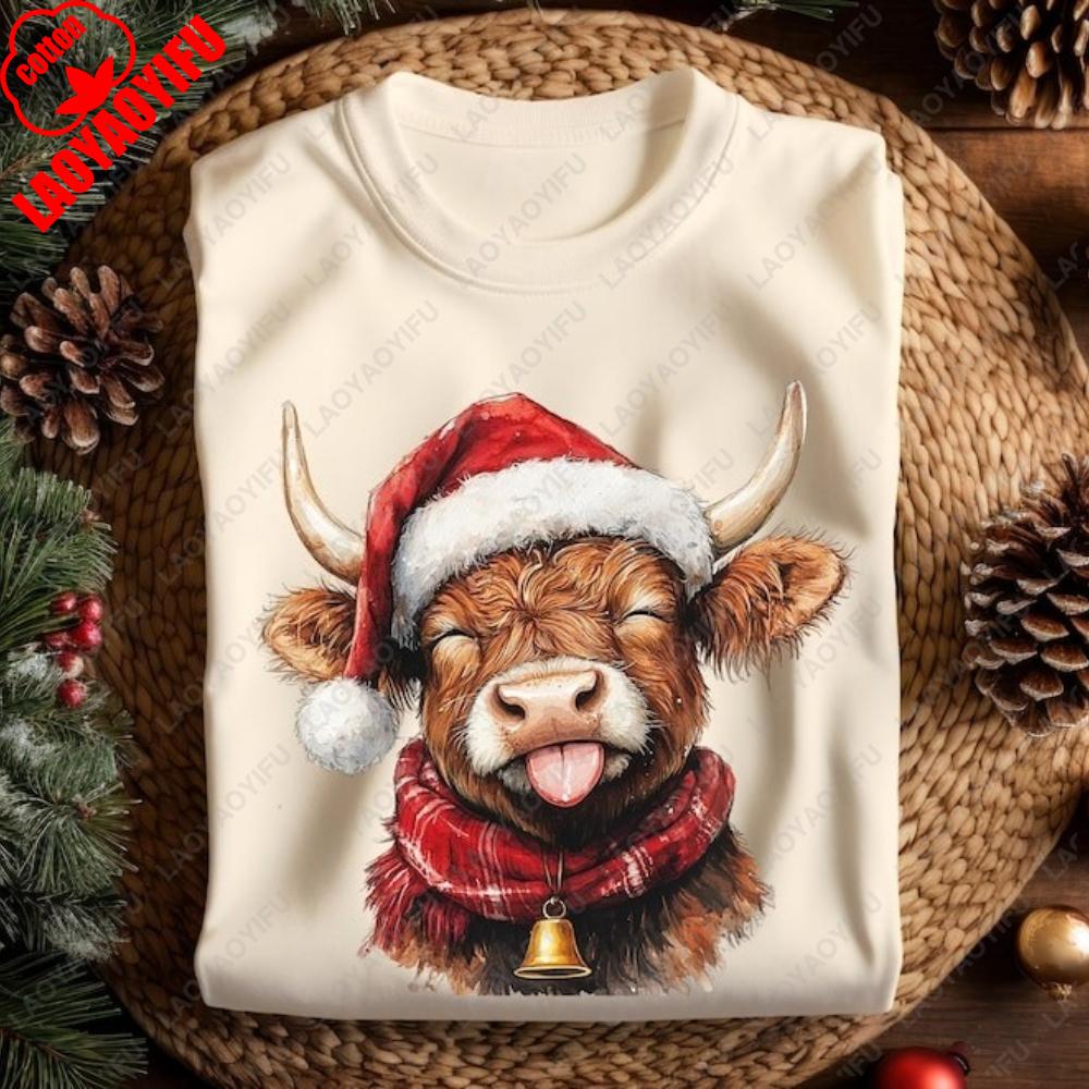 Funny Highland Cow Christmas Shirts Farm Cow with Santa Hat T-Shirt Xmas Bell Country Woman Men Christmas T Shirts Print Tops