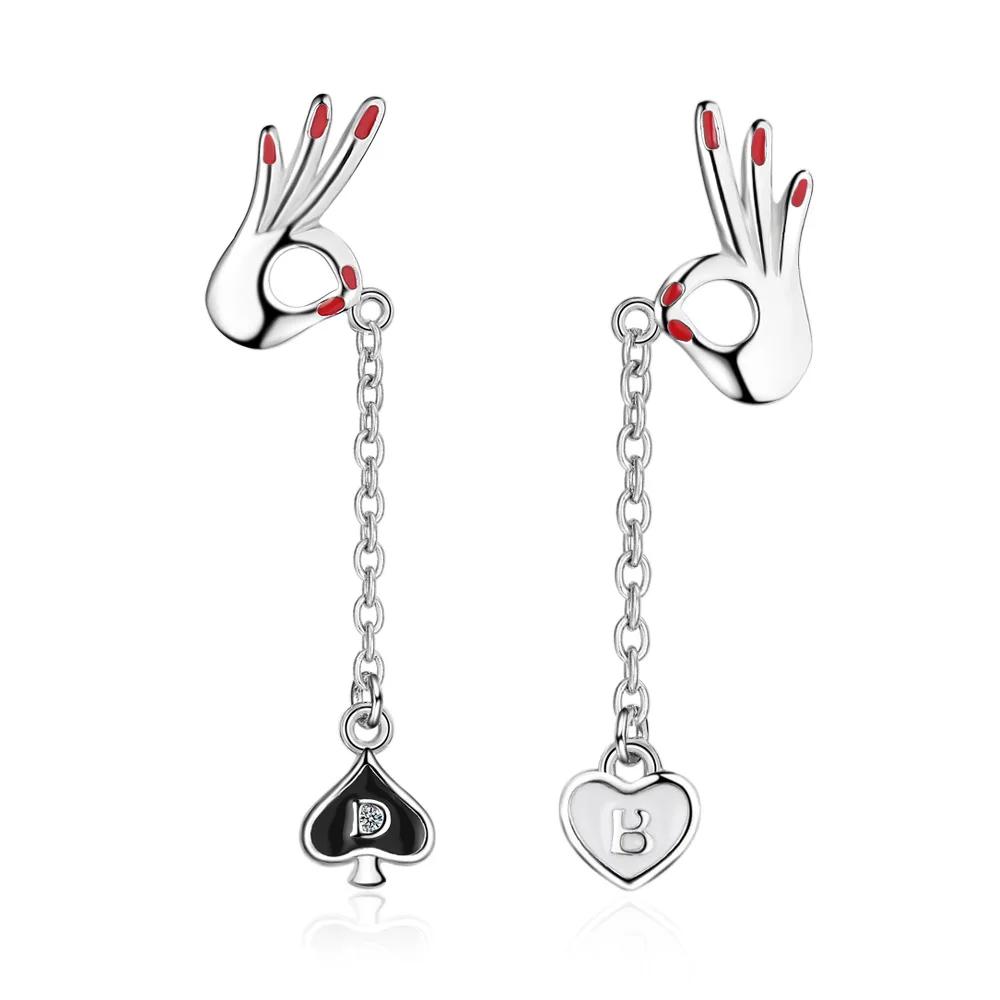 New Arrival Female Earrings Sterling Silver OK Hand Shaped Earrings for Women Long Tassel Asymmetric Love Heart Gift