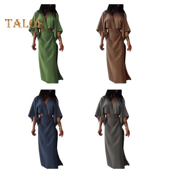 Women's V Neck Maxi Dress Sexy Hollow Out Short Sleeve Bodycon Split Dress Summer Cotton Linen Long Dress for Beach Vacation
