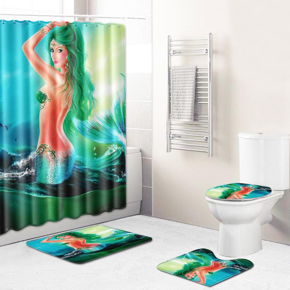 Shower Curtain Floor Mat Toilet Cover Foot Mat Door Mat Carpet Four-Piece Pattern