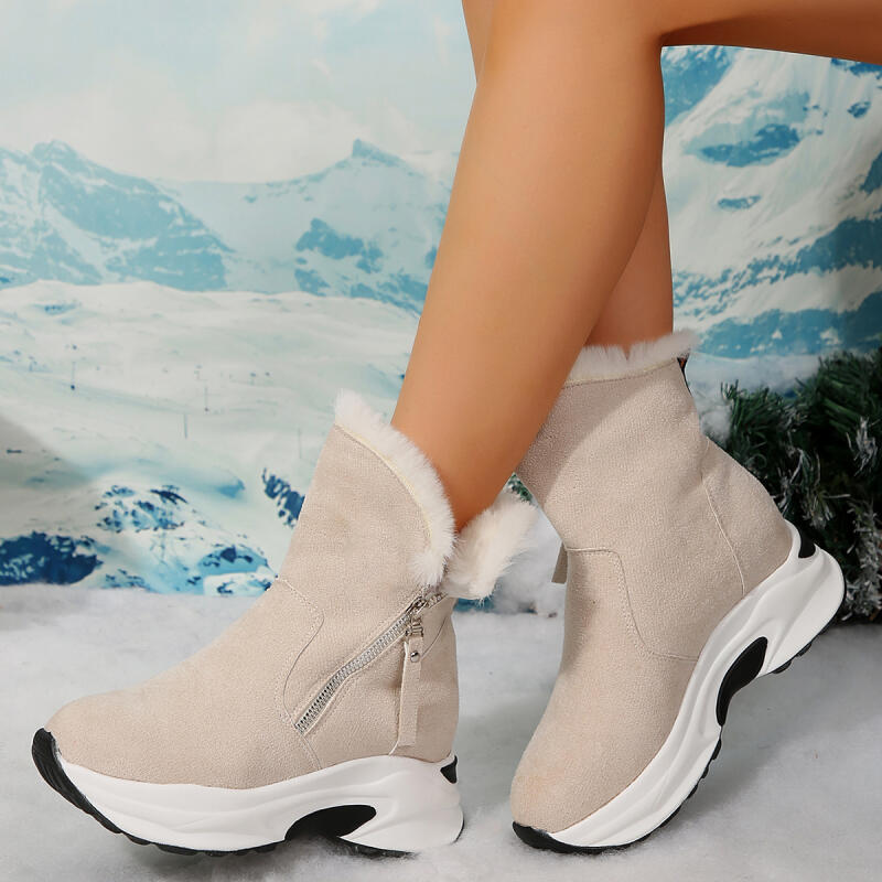 Lässige Dicke Sohle Einfarbig Fellige Schneestiefel Damen 2025 Winter Klobige Plateau Keilabsatz Stiefeletten Seitenreißverschluss Kunstfell Schuhe Dame