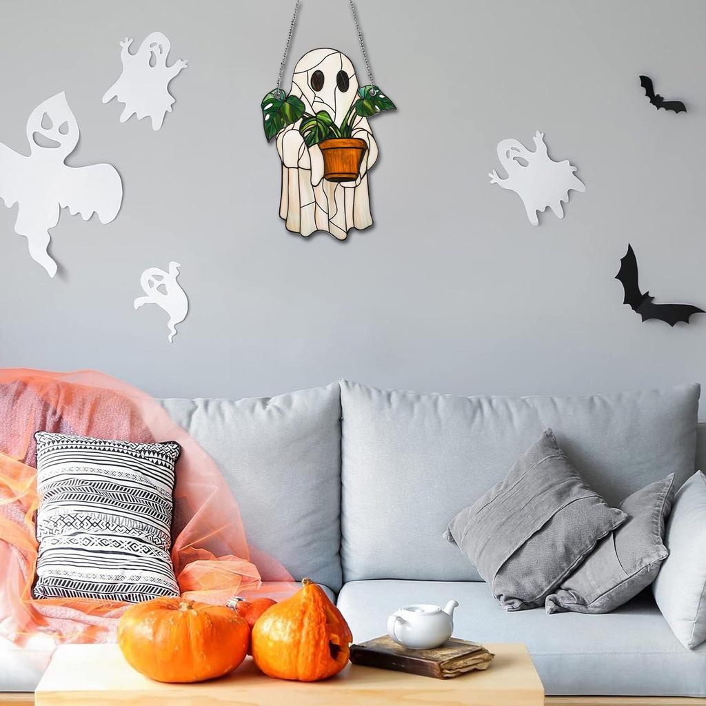 Halloween Ghost-Themed Painted Wooden Hanging Ornament
