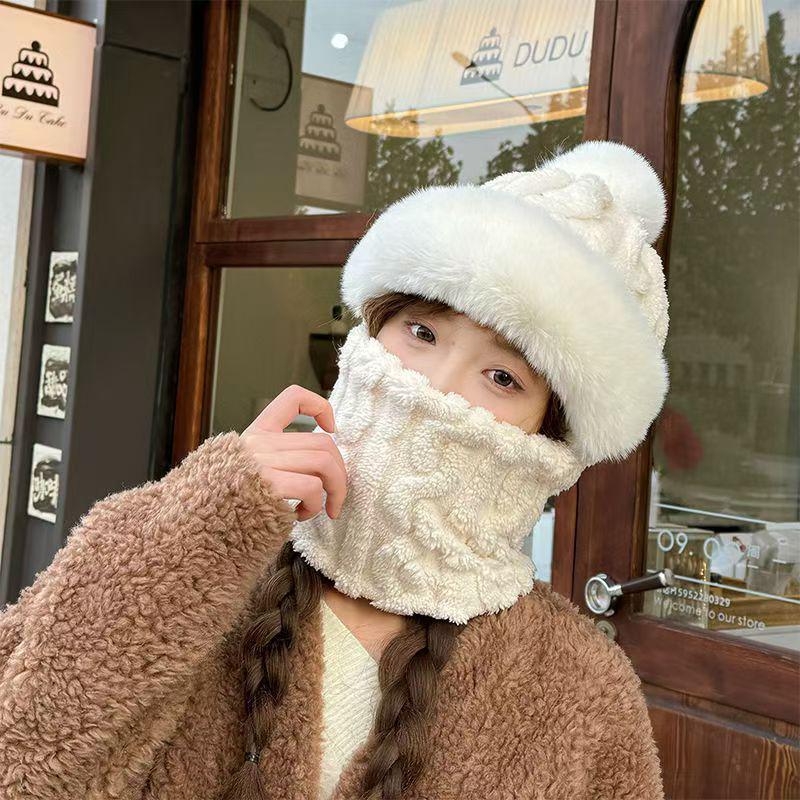 Women's Autumn & Winter Plush Thickened Integrated Hat & Scarf for Cycling - Windproof, Coldproof, Electric Car Pullover Hat.