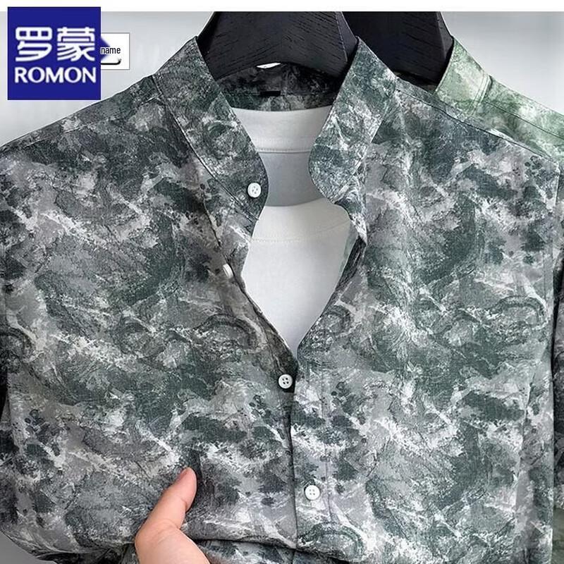 ROMON Men s New Chinese Style Ink Painting Short-Sleeve Shirt 3XL
