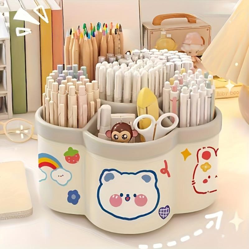 Large Capacity Rotating Pen Holder Thickened PP Desk Organizer for Students Multi-functional Storage Case with Non Slip Base