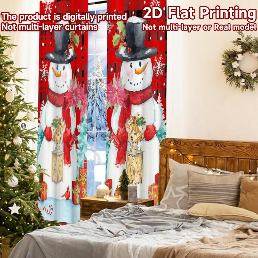 2pcs, 2D FLAT PRINTING Curtains (Without Rod) Festive Snowmen Minimalist Holiday Curtains Versatile Polyester Curtains Art Deco