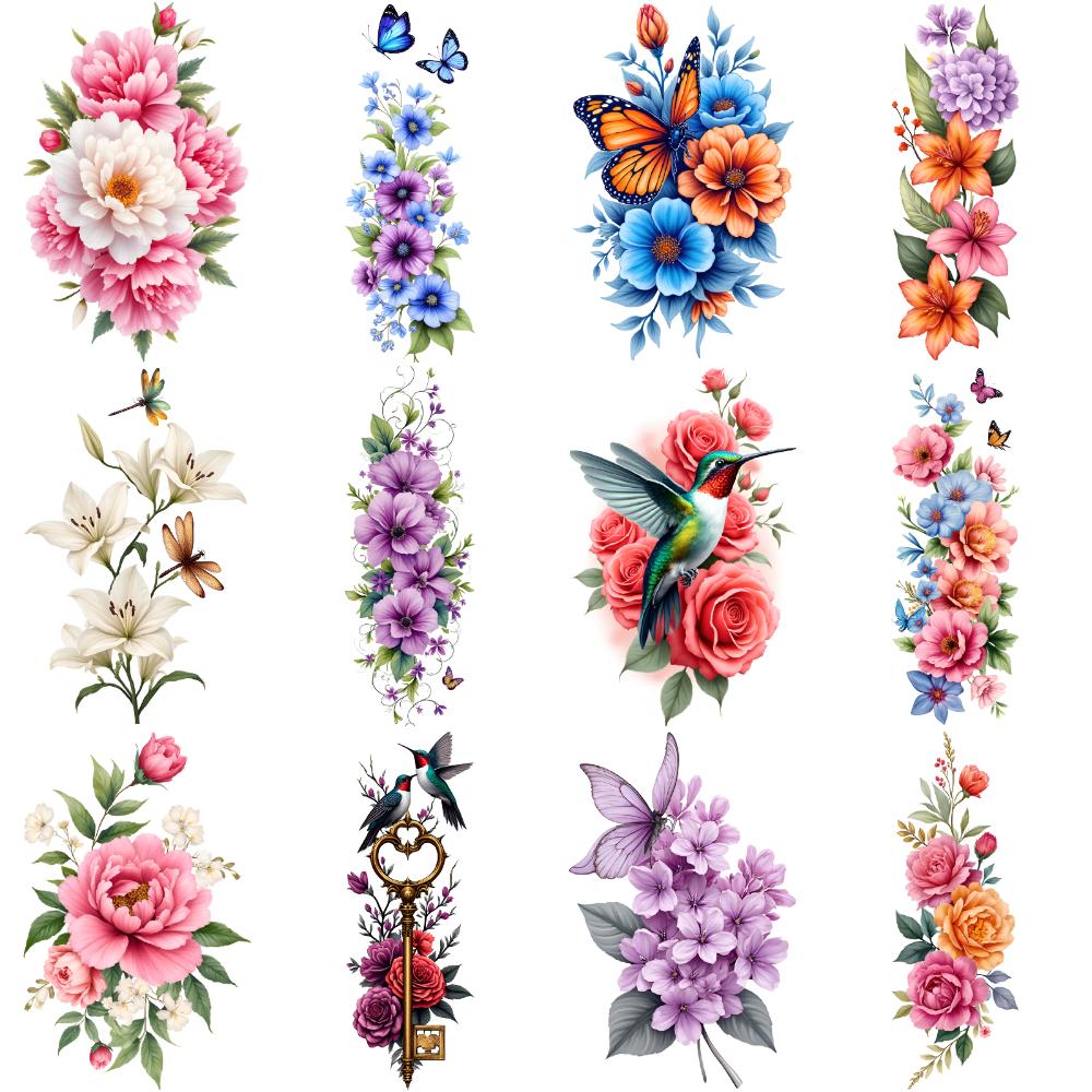 12pcs Temporary Tattoo Beetles Colorful Floral Patterns Roses Temporary Tattoo Stickers Peonies For Arms Male Adult