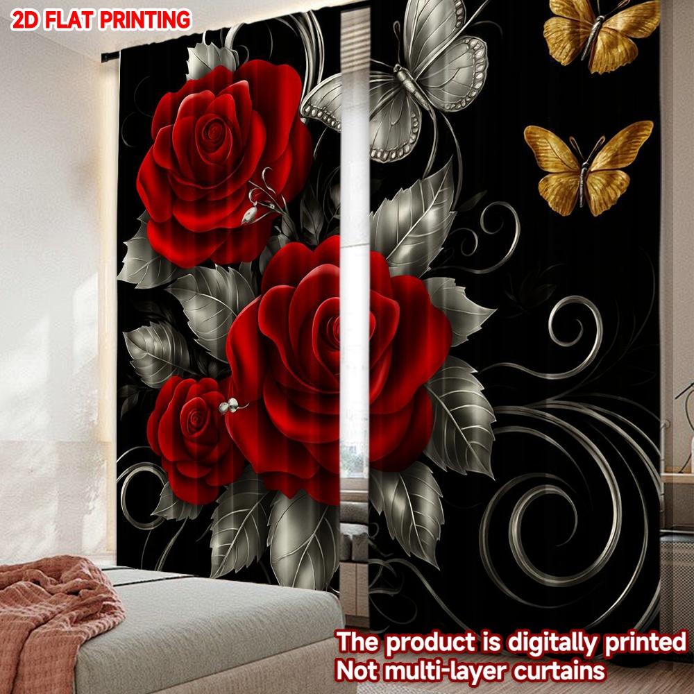 Set Of 2 Flat Printing Happy Valentine Day Window Drapes Romantic Red White Rose Butterfly Digital Printed Polyester Curtains Made