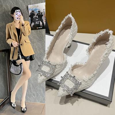 Neue Damenmode Strass Quadratische Schnalle Brautjungfer Stiletto High Heels Schuhe Spitze Pumps High Heels Kleiderschuhe