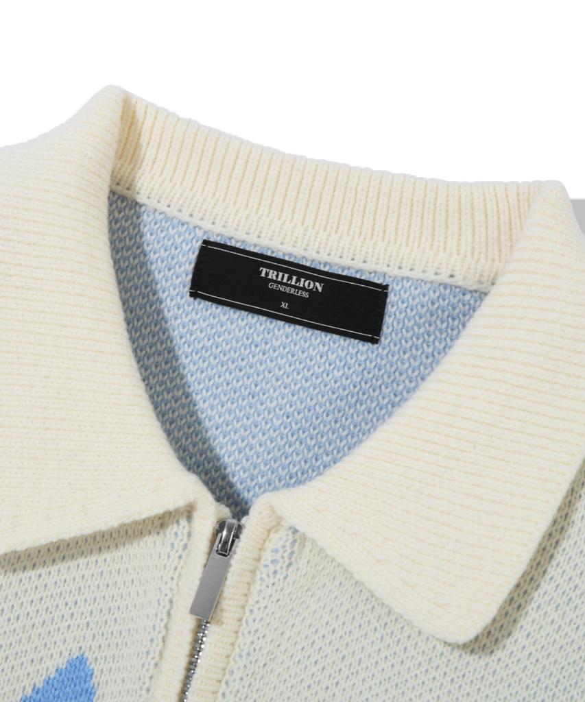 TRILLION Washable Nordic Jacquard Collar Neck 2-Way Zip-Up Knit [Ivory]