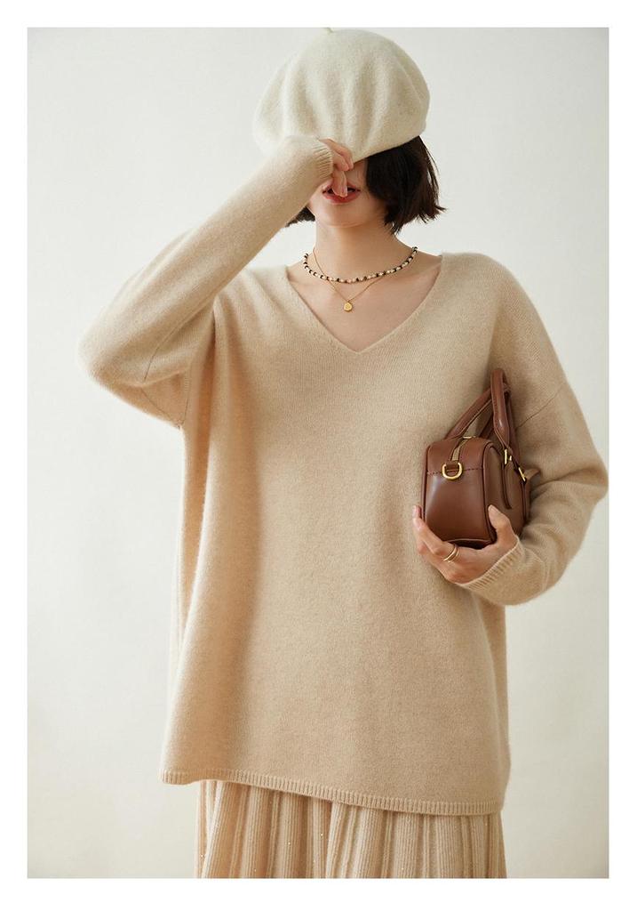 Women's V-Neck Cashmere Bodycon Knit Sweater, Solid Color, Medium-Length, Long Sleeve, Casual Loose Pullover.