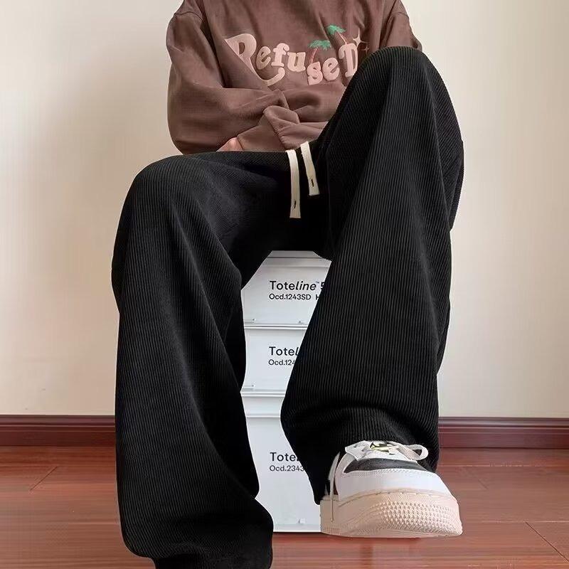Casual Pants for Men's Autumn and Winter New Style Hong Kong Style Loose Large Size Straight Pants Fashionable Simple Plush Wide-leg Pants