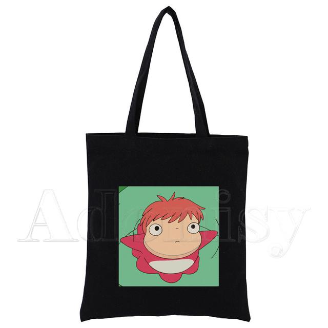 Ponyo Canvas Negru Geantă pentru cumpărături Geantă reutilizabilă din pânză de umăr Geantă de carte Cadou