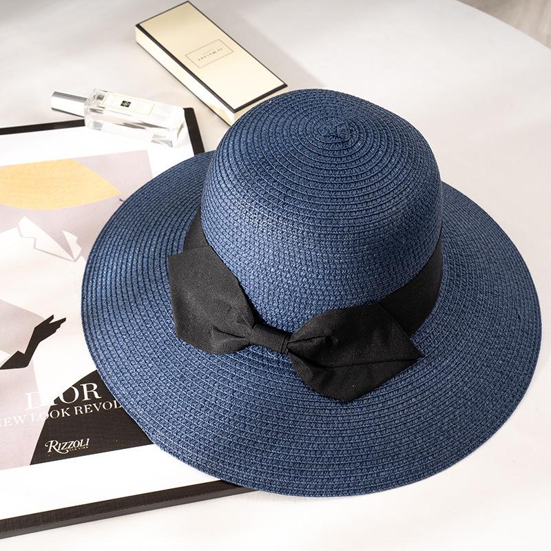 Large Eave Straw Hat for Woman Black Bow Tie EdgeSunscreen able Beach Hat Outdoor Seaside  Vacation Fashionable and Elegent