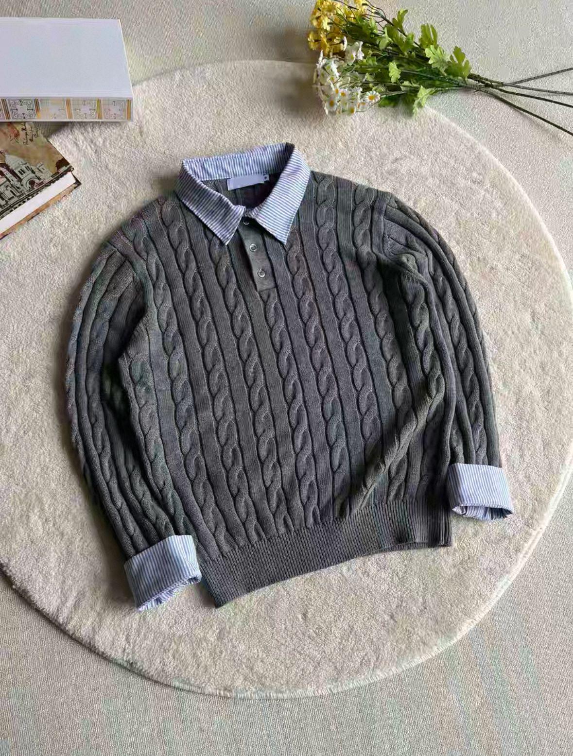 

Premium Cable Knit Polo Collar Sweater with Striped Splicing, Long-Sleeved Knitwear XL сірий колір