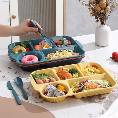 Boîte à repas portable 5 compartiments PP de qualité alimentaire Rectangulaire Divisée Boîte à lunch Assiettes de séparation avec couteau fourchette cuillère Ensemble de vaisselle