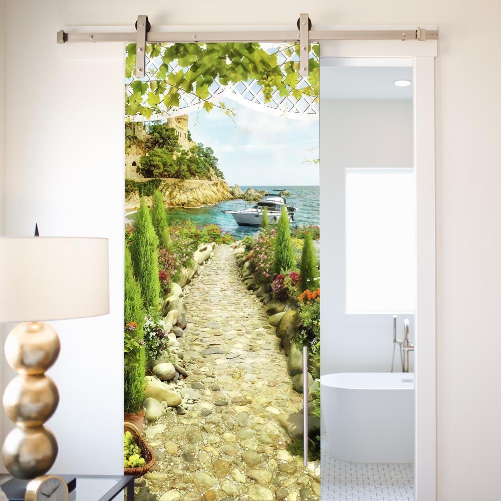 Nature Scenery Door Decal 3D Removable Vinyl Sticker, Adhesive Forest Pathway Wallpaper for Bedroom Entryway