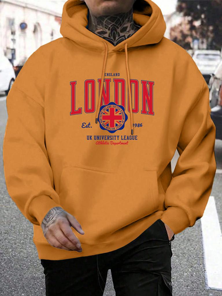 London Uk University League Print Man Hooded Casual Fit Hoodies Korean Big Size Hoodie Men Simple Fur-Liner Sportswear