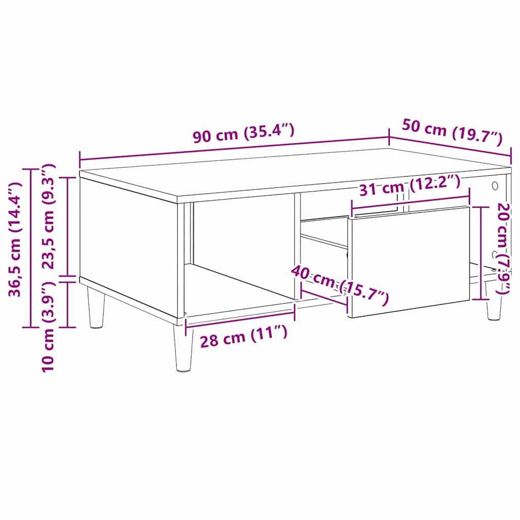 Coffee Table Black Oak Effect 90 X 50 X 26.5 Cm Engineered Wood