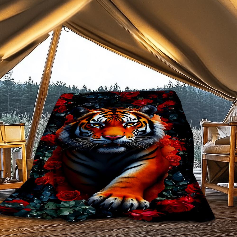 1pc Tiger Roses Outdoor Flannel Blanket, Cozy & Warm Soft Te Playful Design, Napping Camping,