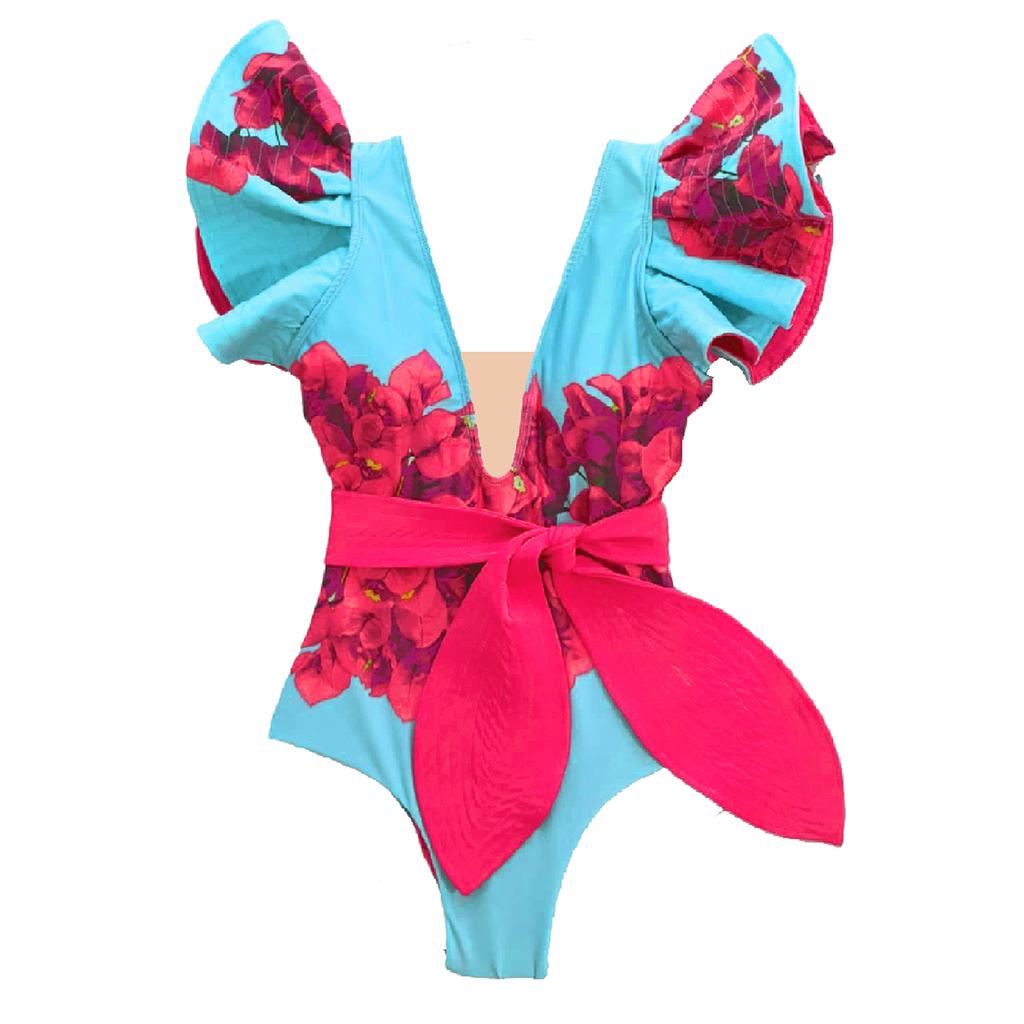 Ashgaily Ruffle One Piece Swimsuit Women Swimwear with Belt Push Up Monokini Swim Suit Print Bathing Suit Beachwear