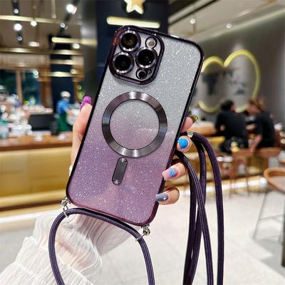 Crossbody Lanyard Farbverlauf Glitzer Magnethülle für iPhone 14 13 12 11 Pro Max /Samsung S23 S22 Ultra S21 Plus Magsafe Plating Weiche TPU Rückseite