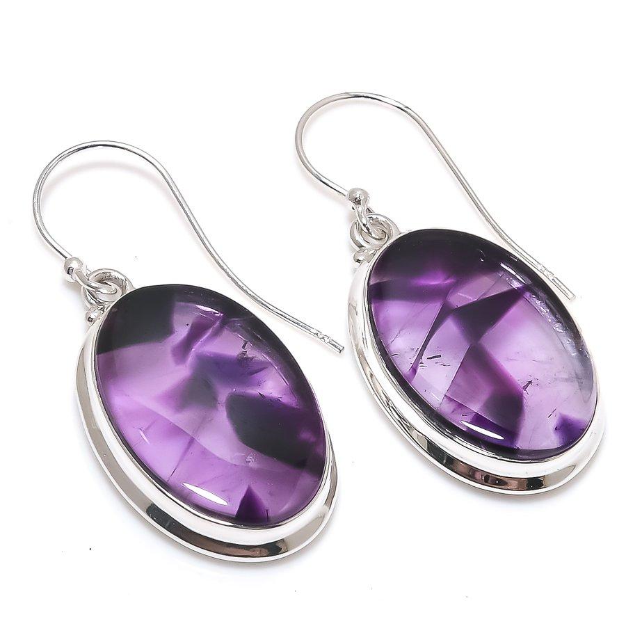 Natural Brazilian Amethyst Gemstone 925 Solid Sterling Silver Earring 1.75" a3h45
