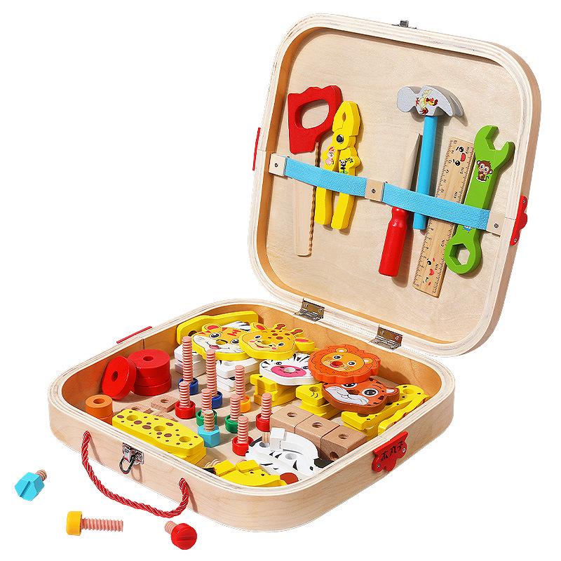 Children's Wooden Toolbox Puzzle: Screw Nut Disassembly Building Blocks with Portable Storage Box