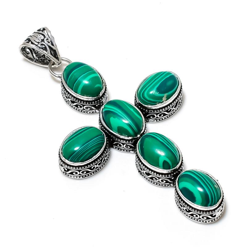 Natural Malachite Gemstone Pendant 925 Sterling Silver- Handmade Cross Design, Everyday Wear Jewelry, Unique Malachite Pendant Mother's Day Gifts