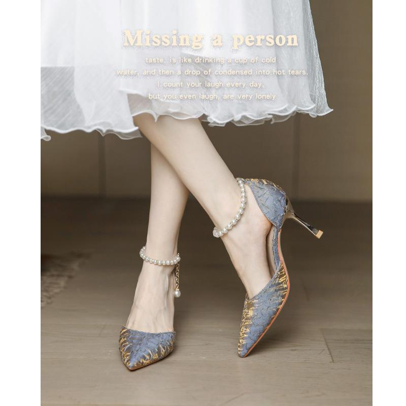 Mode 2024 Neue Mode Perlenriemen High Heels Damen Stilettoabsatz Spitze Pumps