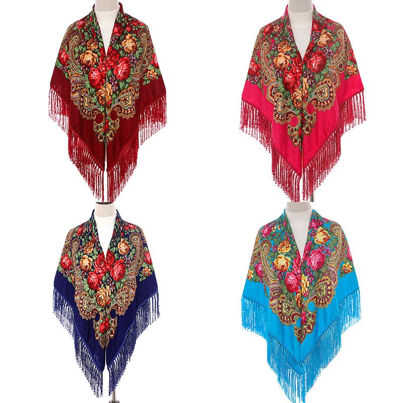 130*130Cm  National Square Scarves Women'S Luxury Peony Flower Print Fringed Shawl Handkerchief Cotton Head Wraps