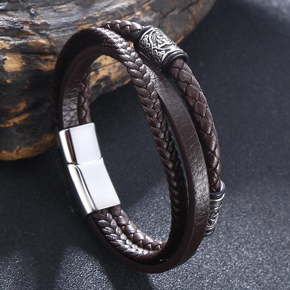 Men's Handmade Leather Bracelet with Cowhide Rope & Alloy Magnetic Buckle