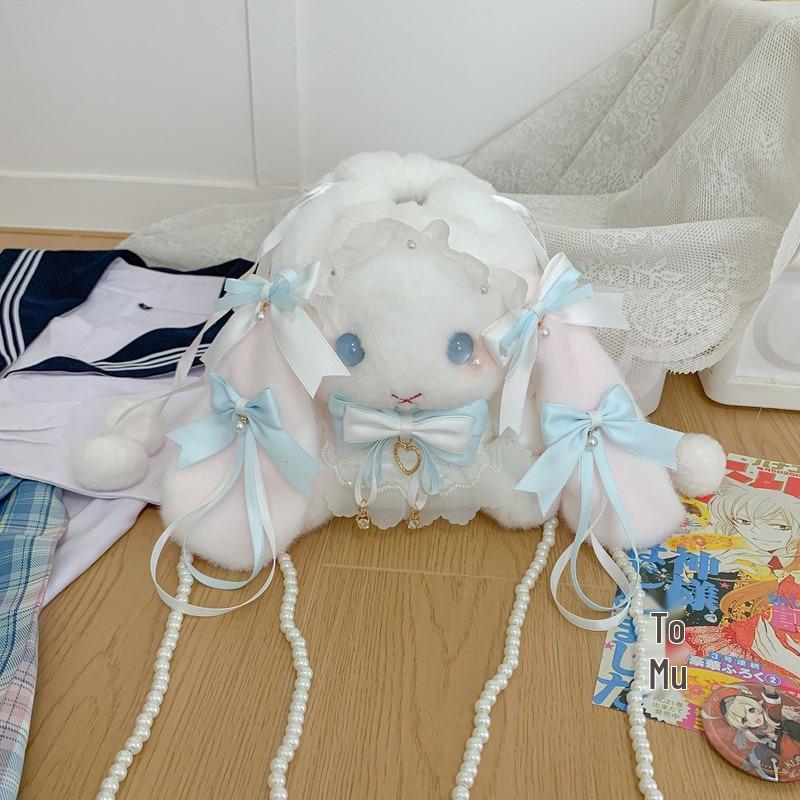 Lolita Plüsch Hasen Tasche mit Schleife, Perlenkette und Herz Design - Süße Girly Umhängetasche